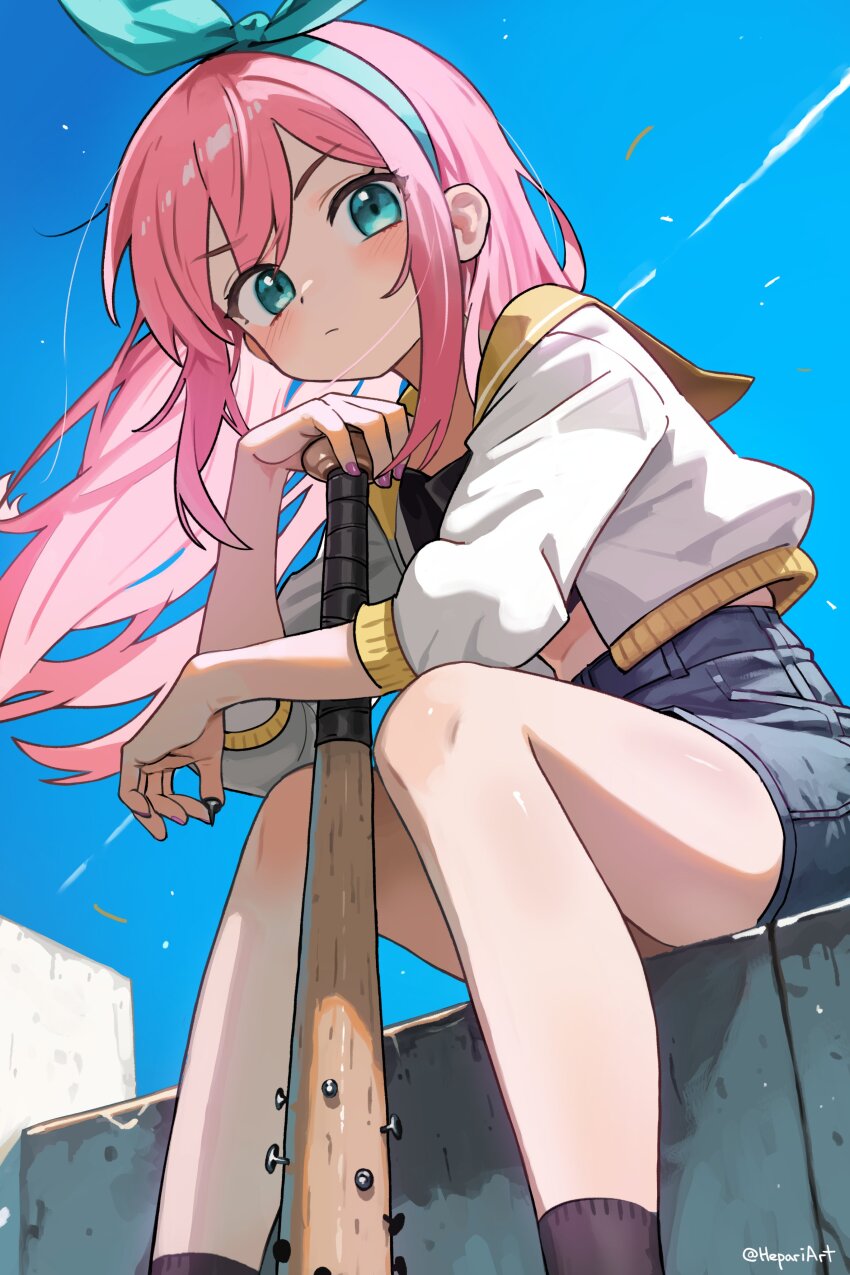1girl absurdres aubrey_(faraway)_(omori) aubrey_(omori) baseball_bat black_socks blue_eyes blue_hairband blue_skirt blue_sky closed_mouth day denim denim_skirt hairband hepari highres holding holding_baseball_bat long_hair looking_at_viewer nail nail_(hardware) nail_bat omori outdoors pink_hair pink_nails skirt sky socks solo