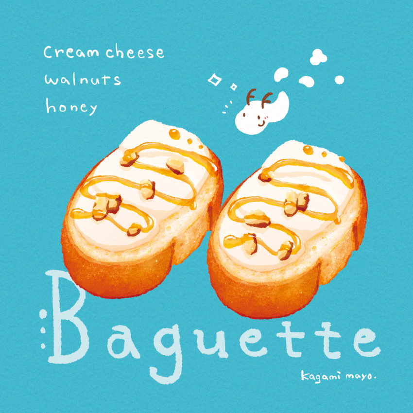 baguette blue_background bread bread_slice commentary_request cream_cheese english_text food food_focus food_name highres honey kagami_mayo no_humans original simple_background still_life walnut