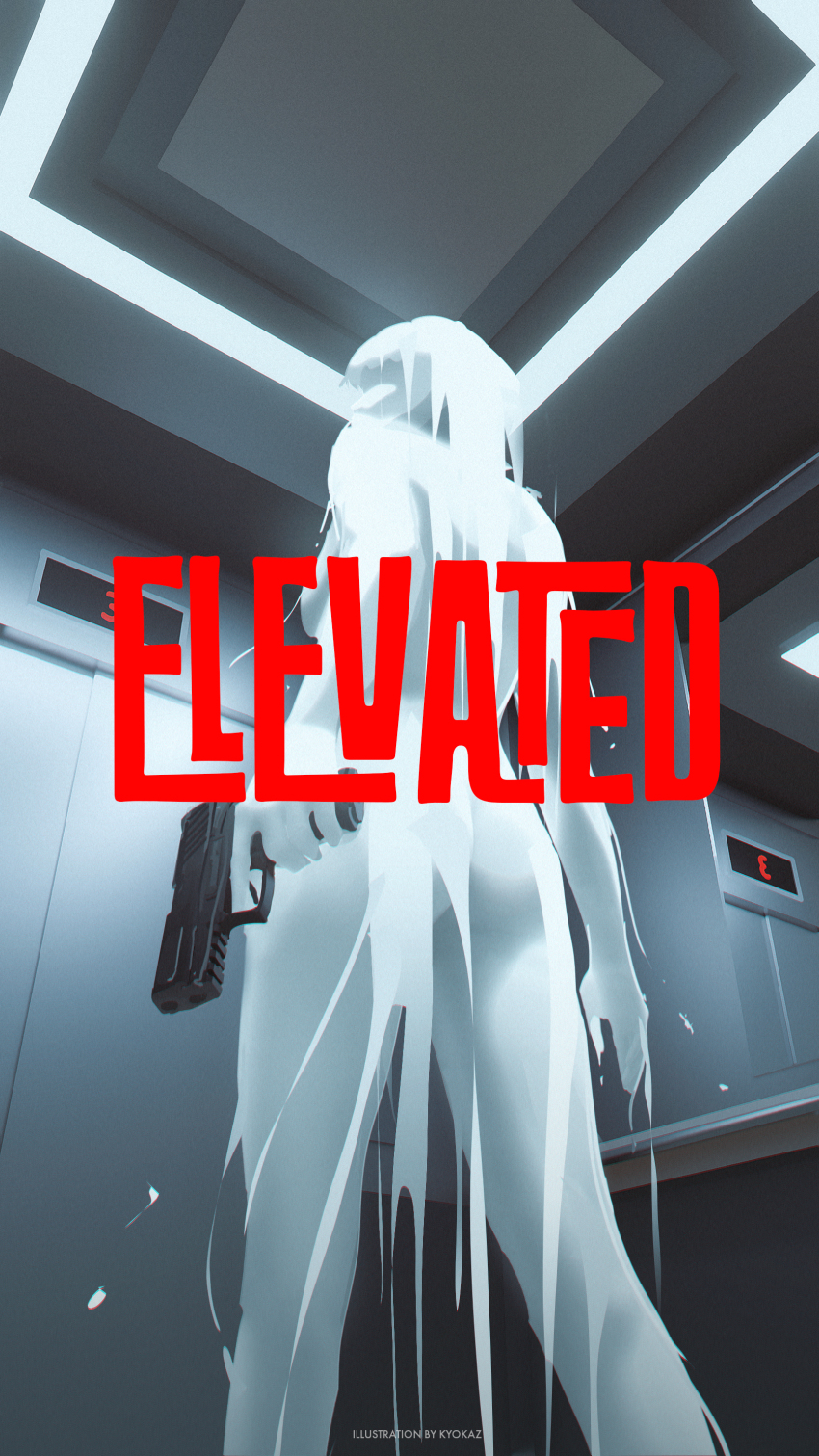 1girl absurdres artist_name chromatic_aberration colored_skin commentary elevator english_commentary english_text faiz_azhar feet_out_of_frame from_behind from_below gun highres holding holding_gun holding_weapon indoors long_hair original solo weapon weapon_request white_skin