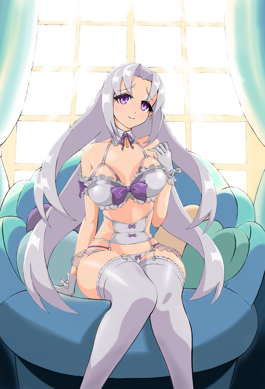 1girl absurdres ajikeneko azure_striker_gunvolt azure_striker_gunvolt_1 bare_shoulders bra breasts elise_(gunvolt) garter_straps grey_hair highres indoors large_breasts long_hair panties purple_hair sitting solo thighhighs underwear white_bra white_panties white_thighhighs window