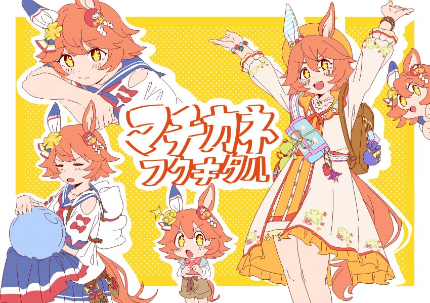 1girl animal_ears arms_up backpack bag ball beret blush border character_name chibi chinese_commentary closed_eyes clothing_cutout clover_hair_ornament coat commentary_request cross-shaped_pupils crossed_arms crystal_ball daruma_doll dress drop_shadow ear_covers fanny_pack flipped_hair four-leaf_clover_hair_ornament frilled_dress frills hair_ornament halftone halftone_background hat highres holding holding_ball horse_ears horse_girl horse_tail long_sleeves looking_at_viewer matikanefukukitaru_(good_omen_first_storm)_(umamusume) matikanefukukitaru_(umamusume) multiple_views official_alternate_costume open_clothes open_coat orange_dress orange_eyes orange_hair outline outside_border peeking_out revision saff20411742 school_uniform serafuku shide short_dress short_sleeves shoulder_cutout single_ear_cover smile sparkle symbol-shaped_pupils tail translation_request umamusume v-shaped_eyebrows white_border white_coat white_outline white_serafuku yellow_background yellow_pupils