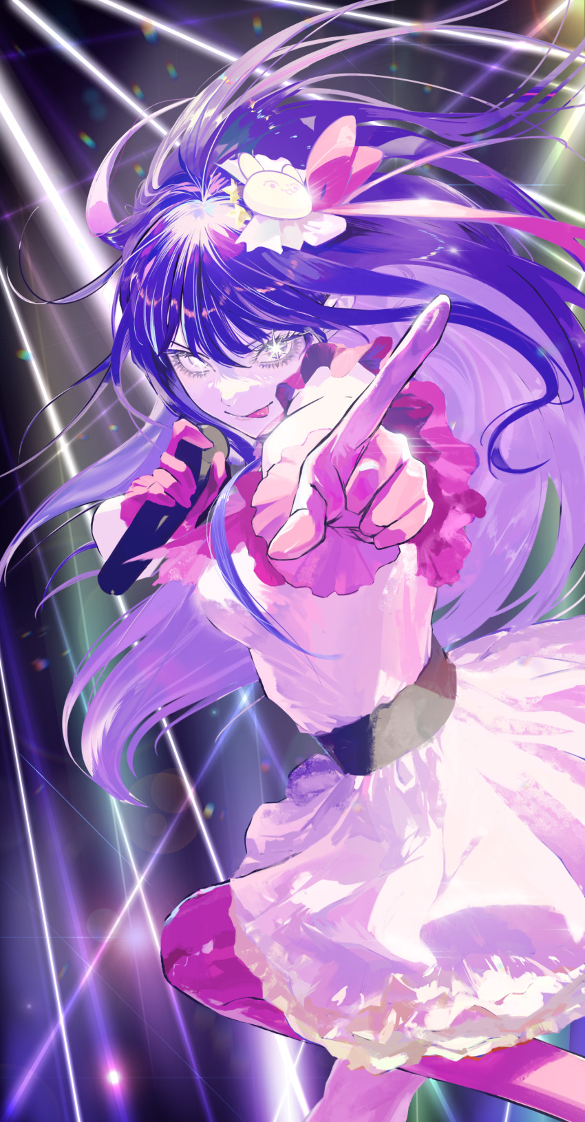 1girl absurdres belt black_belt boots breasts closed_mouth dress eyelashes floating_hair frilled_dress frilled_gloves frills gloves hair_ornament highres holding holding_microphone hoshino_ai idol idol_clothes lantern_madoyoi lens_flare long_eyelashes long_hair looking_at_viewer medium_breasts microphone oshi_no_ko pink_boots pink_dress pink_gloves pointing pointing_at_viewer purple_eyes purple_hair rabbit_hair_ornament solo sparkle star-shaped_pupils star_(symbol) star_hair_ornament symbol-shaped_pupils thigh_boots tongue tongue_out very_long_hair