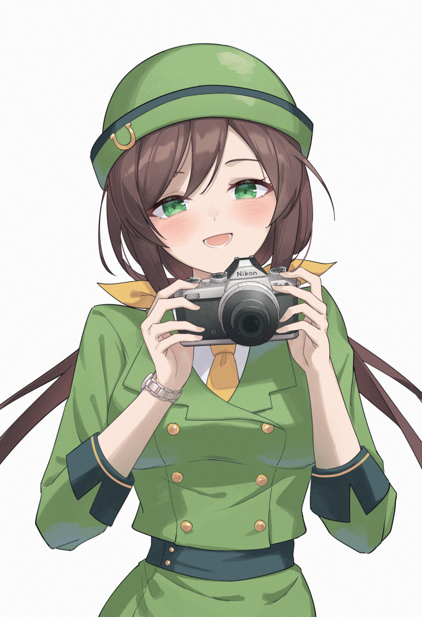 1girl brown_hair camera commentary_request green_eyes green_hat green_jacket green_skirt grey_background hat hayakawa_tazuna highres holding holding_camera jacket long_hair looking_at_viewer low_twintails necktie open_mouth profnote simple_background skirt smile solo twintails umamusume yellow_necktie