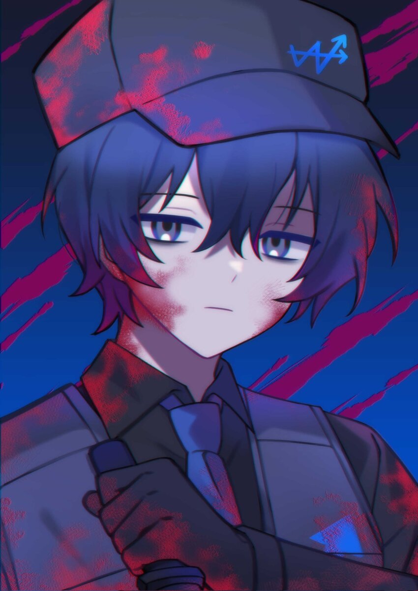 1boy baseball_cap black_eyes black_gloves black_hair black_hat black_shirt black_vest blood blood_on_clothes blood_on_hat blue_necktie closed_mouth collared_shirt expressionless gloves hat highres holding holding_knife knife limbus_company looking_at_viewer mokapome necktie project_moon shirt solo upper_body vest yi_sang_(project_moon)