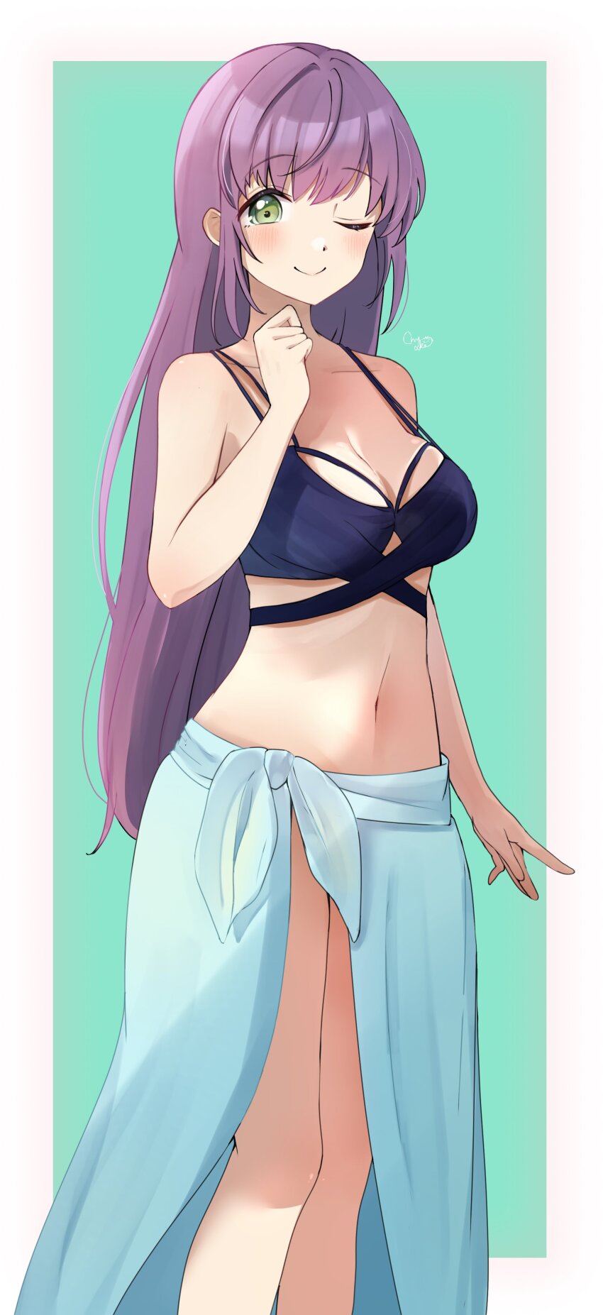 1girl ;) absurdres bikini blue_bikini blue_sarong blush border breasts cleavage closed_eyes collarbone commentary_request feet_out_of_frame green_background green_eyes hand_up highres large_breasts link!_like!_love_live! long_hair looking_at_viewer love_live! multi-strapped_bikini_top navel nyako_(utaneko31) official_alternate_costume official_alternate_hairstyle one_eye_closed otomune_kozue otomune_kozue_(swimsuit) outside_border purple_hair sarong smile solo split_mouth stomach swimsuit virtual_youtuber white_border