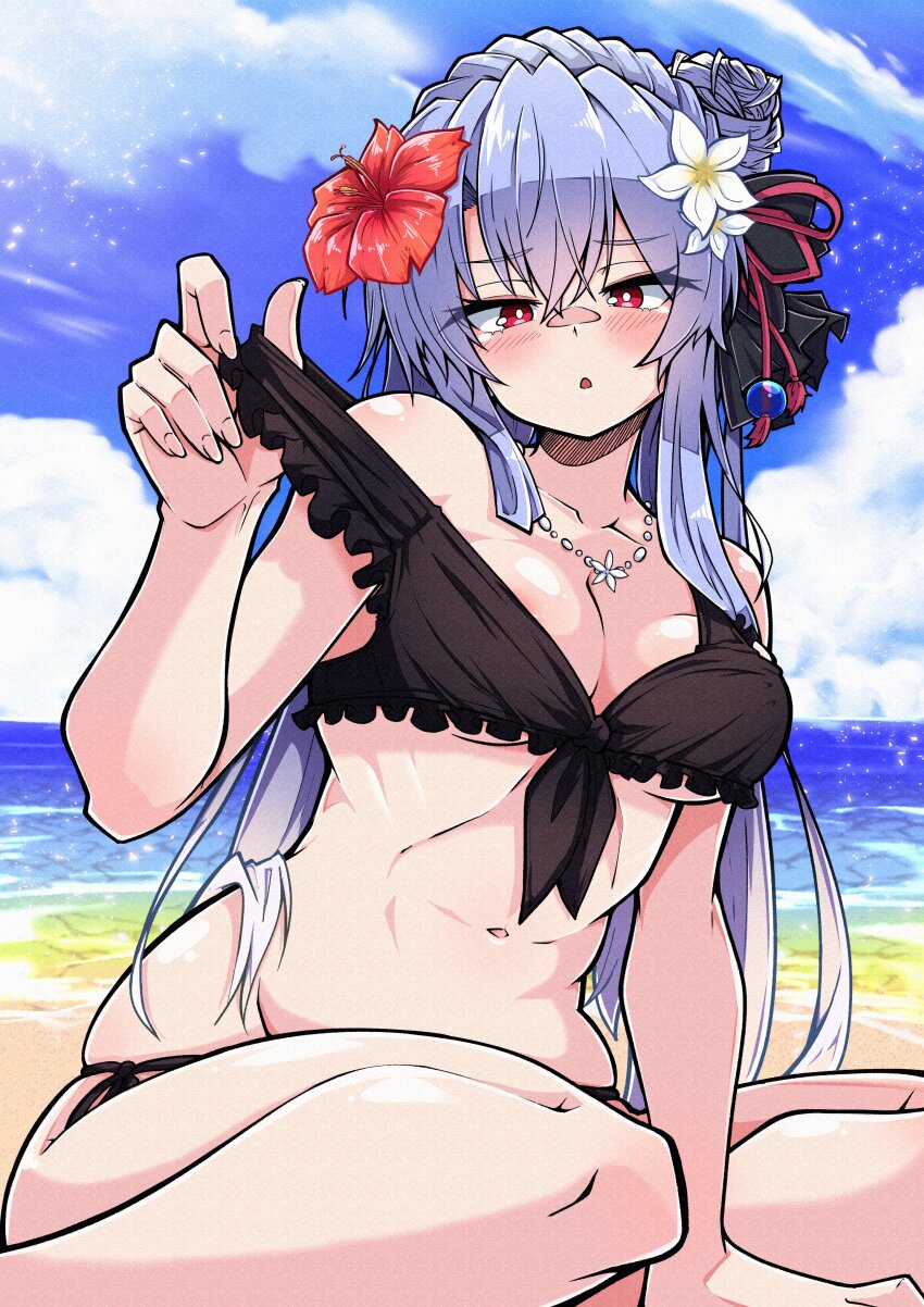 1girl :o absurdres arm_at_side bare_shoulders beach bead_necklace beads bikini black_bikini blue_hair blue_sky blush bow bow_bikini braid breasts cleavage cloud day flower flower_necklace flower_pin hair_between_eyes hair_bow hair_bun hair_ornament hairpin highres jewelry large_breasts long_hair necklace ocean open_mouth outdoors pulling pulling_own_clothes red_eyes red_flower sand shinonome_mozuku sidelocks single_hair_bun sitting sky solo sorakado_ao summer summer_pockets swimsuit tassel tassel_hair_ornament tsurime very_long_hair water