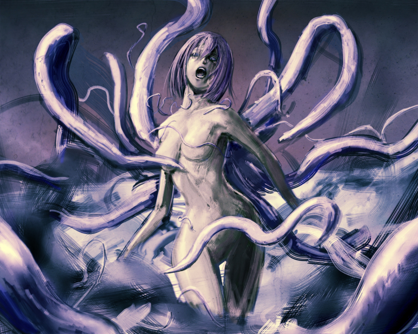 1girl breasts colored_skin commentary_request dust feet_out_of_frame gauna grey_skin hair_between_eyes kath looking_at_viewer medium_breasts medium_hair monster navel nude open_mouth science_fiction sidonia_no_kishi standing stomach teeth tentacles thighs yamano_eiko