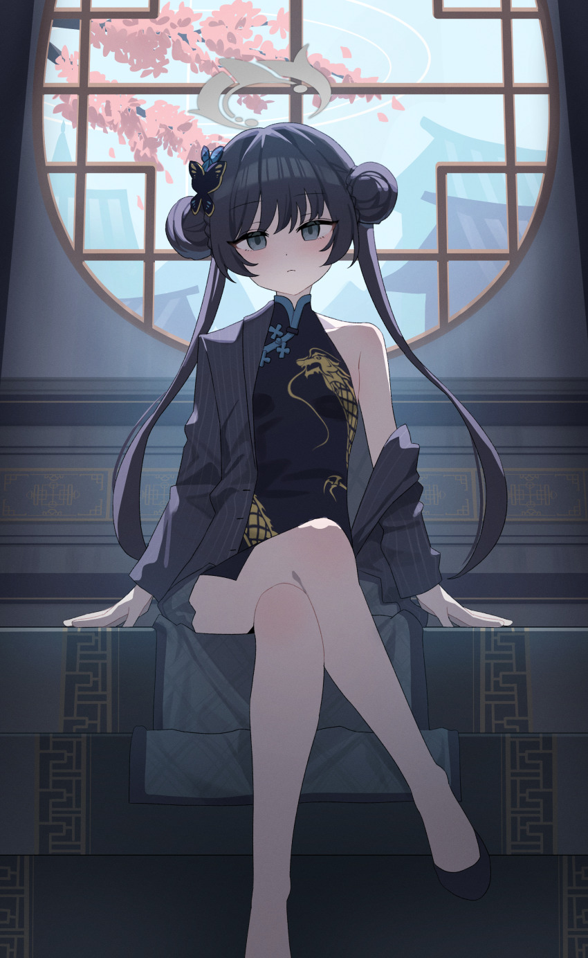 1girl absurdres bare_shoulders black_dress black_hair blue_archive blush breasts butterfly_hair_ornament china_dress chinese_clothes closed_mouth coat double_bun dragon_print dress eyelashes grey_eyes grey_halo hair_bun hair_ornament halo highres jacket kisaki_(blue_archive) long_hair looking_at_viewer mallingam print_dress sleeveless sleeveless_dress small_breasts solo striped_clothes striped_coat striped_jacket tight_clothes tight_dress twintails vertical-striped_clothes vertical-striped_coat vertical-striped_jacket very_long_hair