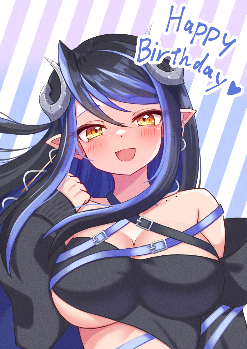 1girl absurdres bandeau belt black_bandeau black_belt black_hair black_jacket blue_background blue_belt blue_hair blush breasts chest_belt cleavage collarbone commentary_request curled_horns demon_girl demon_horns grey_horns hair_between_eyes happy_birthday hebiyoi_tier hebiyoi_tier_(1st_costume) highres horns jacket large_breasts long_hair long_sleeves looking_at_viewer multicolored_hair nanashi_inc. off_shoulder open_clothes open_jacket open_mouth pointy_ears sidelocks snake_bite solo striped_background two-tone_hair upper_body virtual_youtuber white_background yellow_eyes yomusu