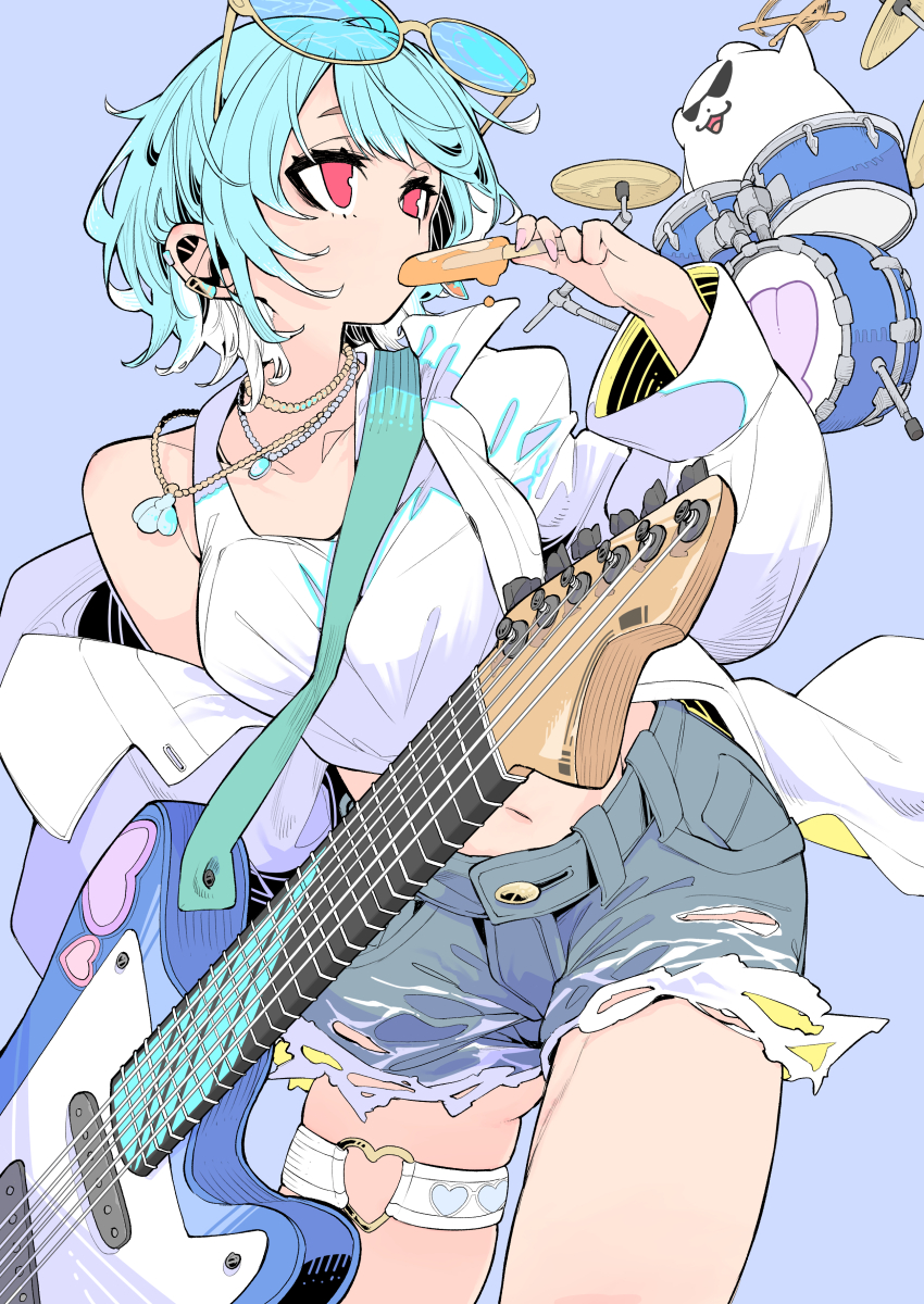 1girl absurdres blue_hair commentary_request eating eyewear_on_head food guitar highres holding holding_food holding_popsicle instrument jacket jewelry multicolored_hair navel necklace open_clothes open_jacket popsicle purple_background red_eyes shiranami_ramune shorts simple_background solo tetsu_booya thigh_strap torn_clothes torn_shorts two-tone_hair virtual_youtuber vspo! white_hair white_jacket