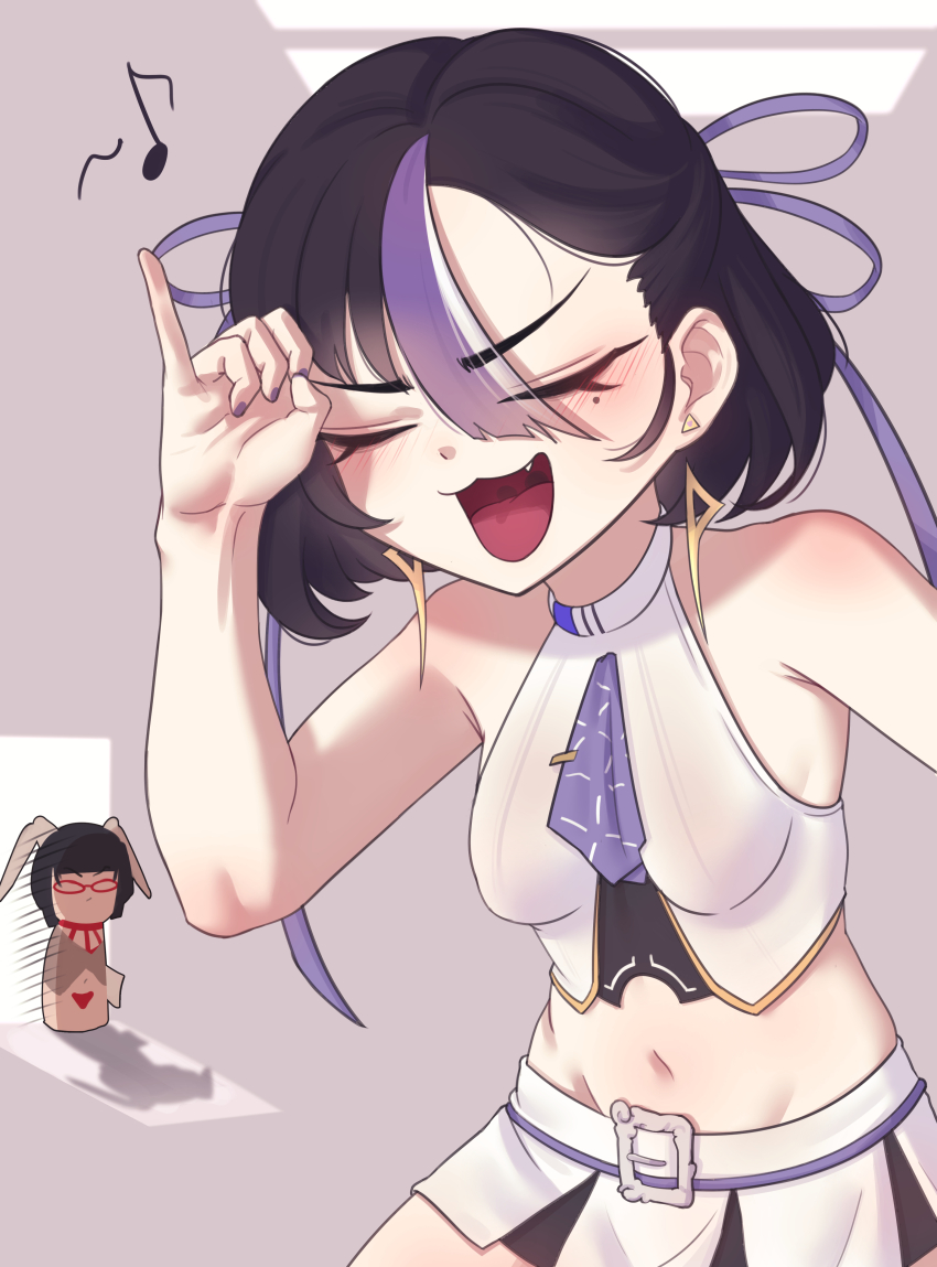2girls absurdres ascot black_hair breasts cchiii closed_eyes crop_top earrings fang goddess_of_victory:_nikke hair_ribbon highres jewelry medium_hair miniskirt mole mole_under_eye multiple_girls musical_note open_mouth purple_ascot purple_nails purple_ribbon purple_streaks rian_(nikke) ribbon shirt skirt sleeveless sleeveless_shirt small_breasts syuen_(nikke) white_shirt white_skirt