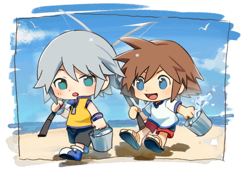 2boys aqua_eyes beach black_shorts blue_eyes boots border brown_hair bucket child fishing_rod grey_hair hair_between_eyes highres holding holding_bucket holding_fishing_rod kingdom_hearts kingdom_hearts_3d:_dream_drop_distance male_focus multiple_boys neku_646611 ocean open_mouth red_shorts riku_(kingdom_hearts) sand sandals shirt short_hair short_sleeves shorts sleeveless sleeveless_shirt smile sora_(kingdom_hearts) spiked_hair white_border white_shirt yellow_shirt