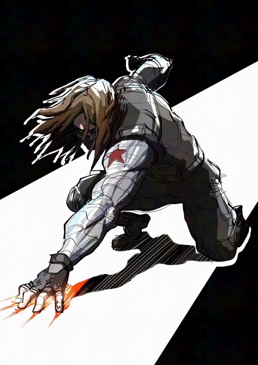 1boy arm_up black_gloves black_pants brown_hair captain_america_(series) commentary english_commentary fingerless_gloves full_body gloves highres bucky_barnes kneeling looking_to_the_side male_focus marvel mask medium_hair pants prosthesis prosthetic_arm sideways_glance sketch sleeveless solo star_(symbol) superebiseeeen v-shaped_eyebrows vest winter_soldier