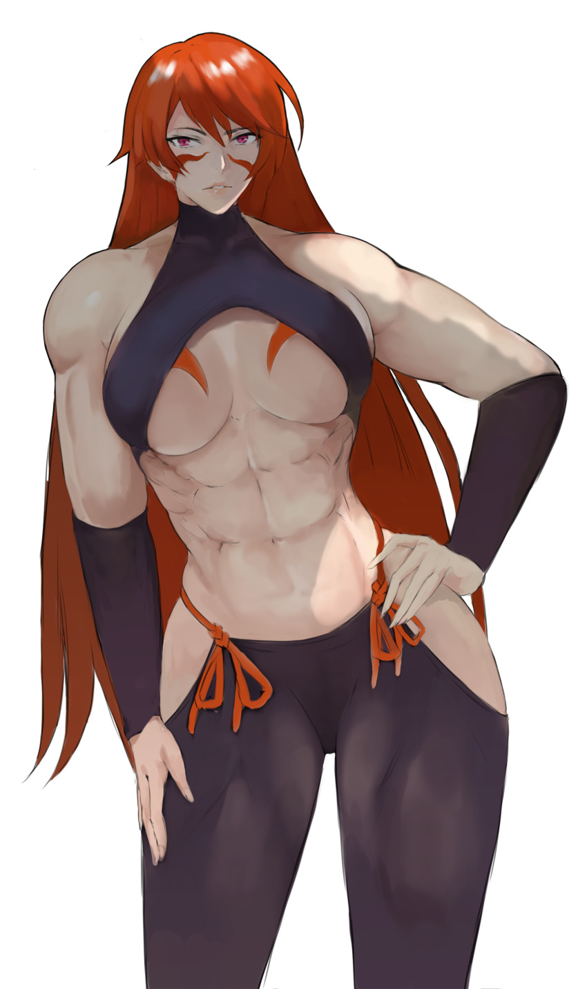 1girl abs absurdres breasts fuuma_kotarou_(tenkaichi) highres hip_vent long_hair muscular muscular_female red_eyes red_hair solo tenkaichi_nihon_saikyou_bugeisha_ketteisen underboob