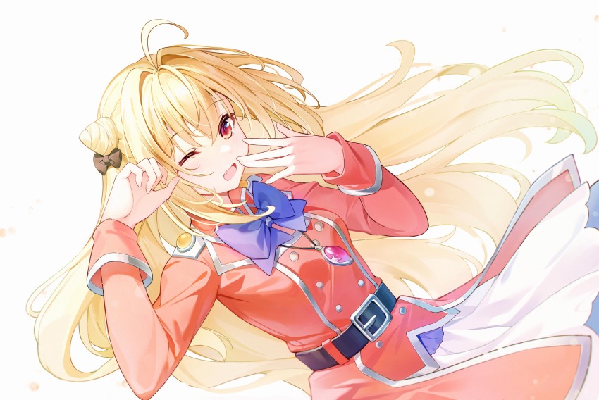 1girl \||/ absurdres ahoge aimh belt black_belt black_bow blonde_hair blue_bow blue_bowtie blush bow bowtie chinese_commentary commentary_request cone_hair_bun cowboy_shot dutch_angle eyelashes fang floating_hair hair_between_eyes hair_bow hair_bun hair_intakes half_updo hands_up highres hikikomari_kyuuketsuki_no_monmon huge_bow jacket long_hair long_sleeves one_eye_closed open_mouth pointy_ears red_eyes red_jacket red_skirt sidelocks simple_background single_side_bun skirt slit_pupils solo tears terakomari_gandezblood variant_set very_long_hair white_background yawning