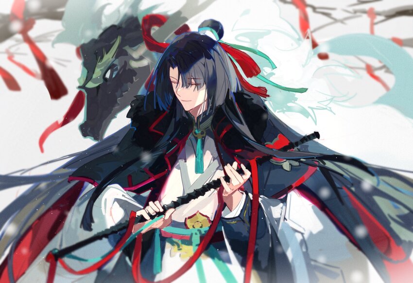 1boy absurdres black_coat black_hair chinese_clothes closed_eyes coat coat_on_shoulders fate/grand_order fate_(series) fishing_rod fui_(fui29493452) hanfu highres holding holding_fishing_rod long_hair long_sleeves male_focus qilin_(mythology) sibuxiang_(fate) smile solo taigong_wang_(fate)