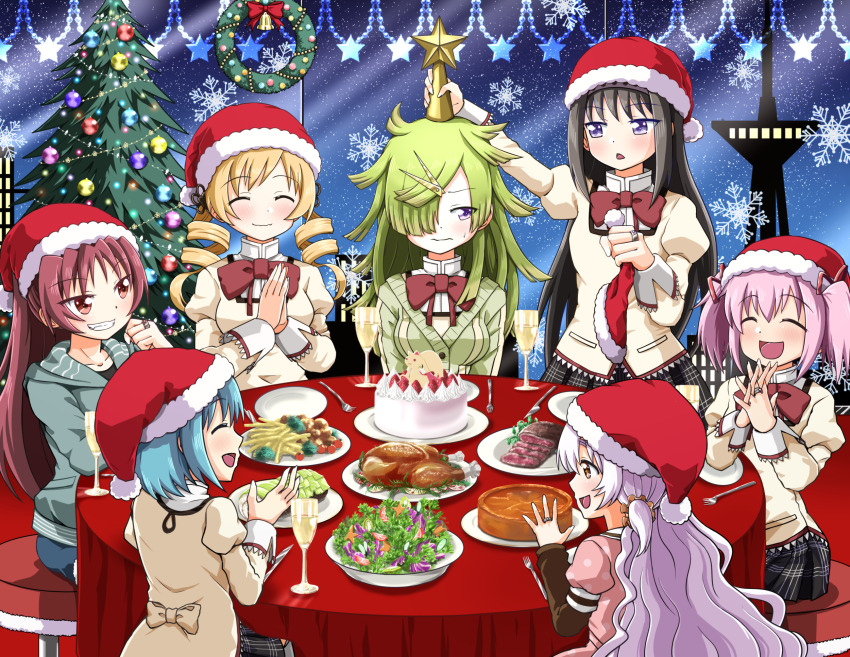 6+girls akemi_homura aki_mabayu black_hair blue_hair cake champagne_flute chicken_(food) christmas christmas_lights christmas_ornaments christmas_star christmas_tree christmas_wreath cup dress drill_hair drinking_glass food fork fruit fur-trimmed_headwear fur_trim hat highres jacket kaname_madoka kishimen_hair magia_record:_mahou_shoujo_madoka_magica_gaiden mahou_shoujo_madoka_magica merry_christmas miki_sayaka mitakihara_school_uniform momoe_nagisa multiple_girls one_eye_covered party pink_hair plate polka_dot polka_dot_dress ponytail red_hair red_hat ribbon sakura_kyoko salad santa_hat school_uniform scissors_hair_ornament shinkai_no_shachi short_twintails strawberry strawberry_cake sweater_jacket tomoe_mami twin_drills twintails wreath