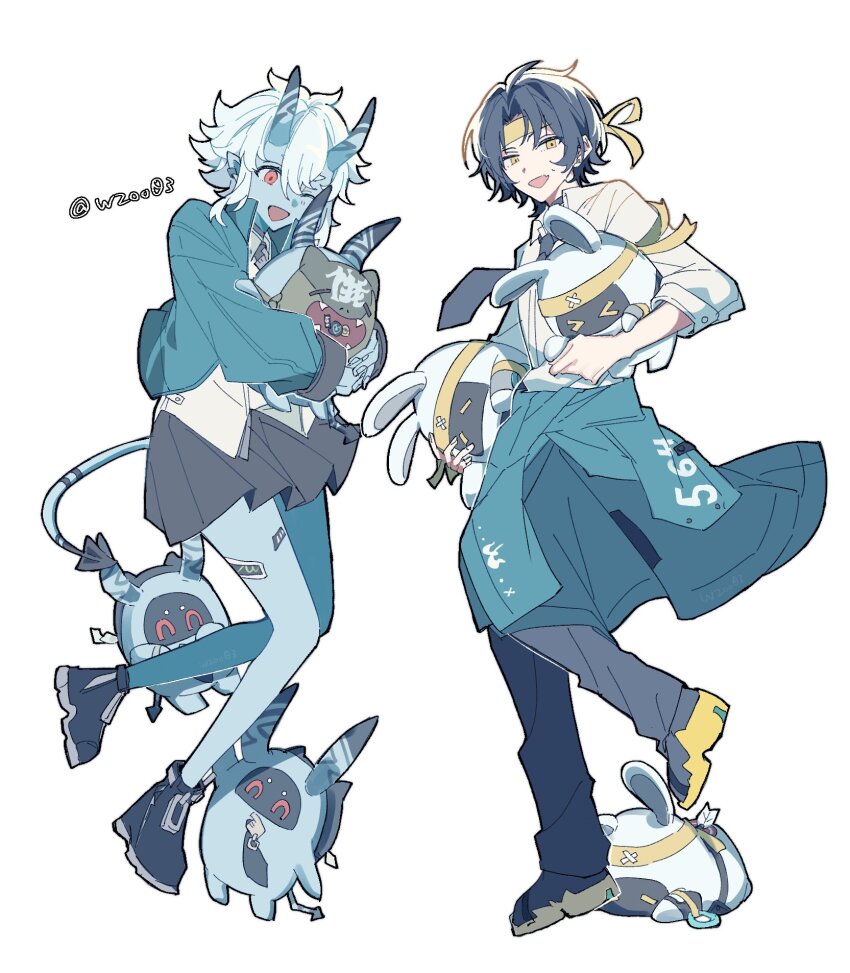 &gt;_&lt; 1boy 1girl :d ;d ^_^ animal_ears aqua_jacket aqua_pantyhose artist_name asaba_harumasa asaboo_(zenless_zone_zero) bangboo_(zenless_zone_zero) black_bow black_bowtie black_footwear black_hair black_pants black_skirt blue_skin bow bowtie closed_eyes clothes_around_waist colored_skin demon_horns demon_tail earclip fangs fingernails full_body hair_between_eyes hashtag-only_commentary headband highres horns jacket jacket_around_waist looking_at_another looking_at_viewer one_eye_closed open_mouth pants pantyhose pleated_skirt pointy_ears rabbit_ears red_eyes shirt shoes short_hair simple_background single_leg_pantyhose skirt smile soukaboo_(zenless_zone_zero) soukaku_(zenless_zone_zero) sweatdrop tail three-quarter_sleeves twitter_username two-tone_footwear white_background white_hair white_shirt wzoo03 yellow_eyes yellow_headband yellow_shoes zenless_zone_zero