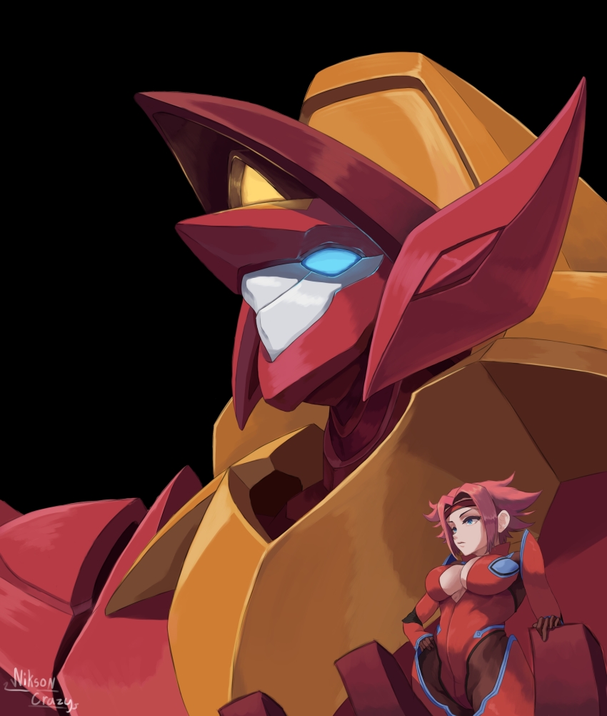 1girl absurdres artist_name black_background blue_eyes bodysuit breasts code_geass commentary english_commentary glowing glowing_eye guren_(code_geass) guren_mk-ii hair_behind_ear highres holding_person kouzuki_kallen leaning_back mecha medium_breasts niksoncrazy pilot_suit red_bodysuit red_hair robot science_fiction short_hair solo_focus underboob upper_body