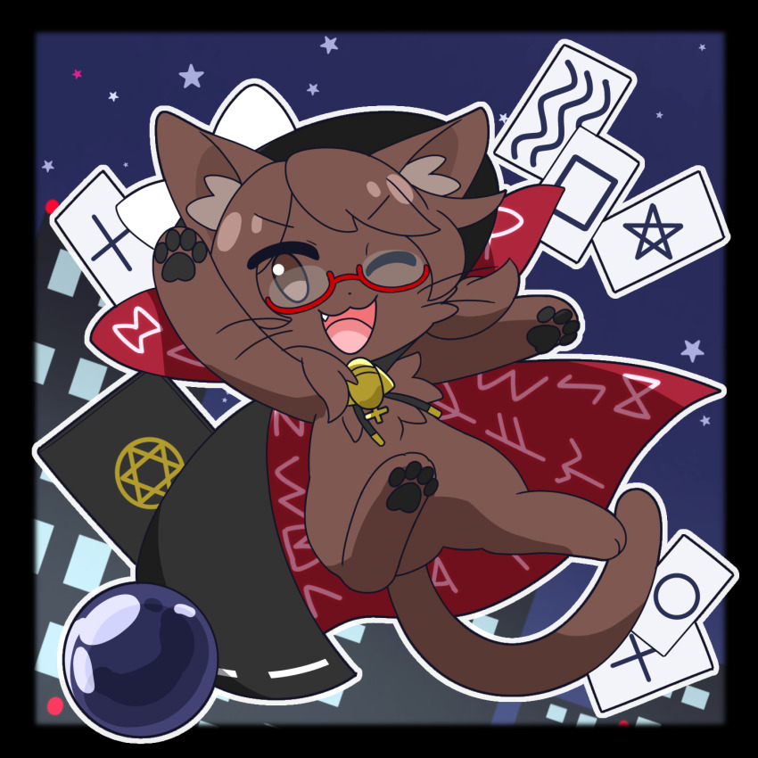 animal animal_ears animal_hands animalization black_cape brown_eyes brown_fur cape cat cat_ears cat_tail cloak fang fedora glasses hat highres occult_ball red-framed_eyewear rizleting tail touhou usami_sumireko zener_card