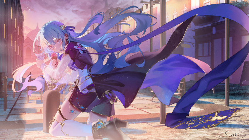 1girl black_shorts blue_hair blush bollard boots braid cityscape closed_mouth cloud cloudy_sky crossed_bangs crown_braid evening floating_hair foot_out_of_frame foot_up from_behind hair_between_eyes hair_ribbon high_heel_boots high_heels highres holding_food holding_ice_cream ice_cream jacket long_hair long_sleeves looking_at_viewer looking_back original purple_eyes purple_jacket ribbon road saraki see-through_clothes see-through_sleeves shorts sidelocks sky solo storefront street sunset thigh_strap thighhighs utility_pole white_thighhighs