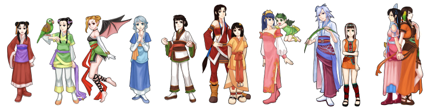 a-liver absurdres aliverura barefoot bird black_eyes black_hair chinese_clothes demon_girl demon_horns demon_wings girdle highres horns long_hair long_image looking_at_viewer simple_background single_bare_shoulder smile white_background wide_image wings xuan-yuan_sword