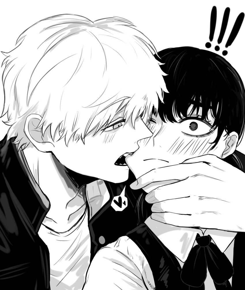 ! !! 1boy 1girl absurdres biting biting_cheek blush chainsaw_man closed_mouth denji_(chainsaw_man) dress fourth_east_high_school_uniform gakuran greyscale hetero highres masoq mitaka_asa monochrome neck_ribbon open_mouth pinafore_dress ribbon school_uniform sharp_teeth short_hair sleeveless sleeveless_dress teeth
