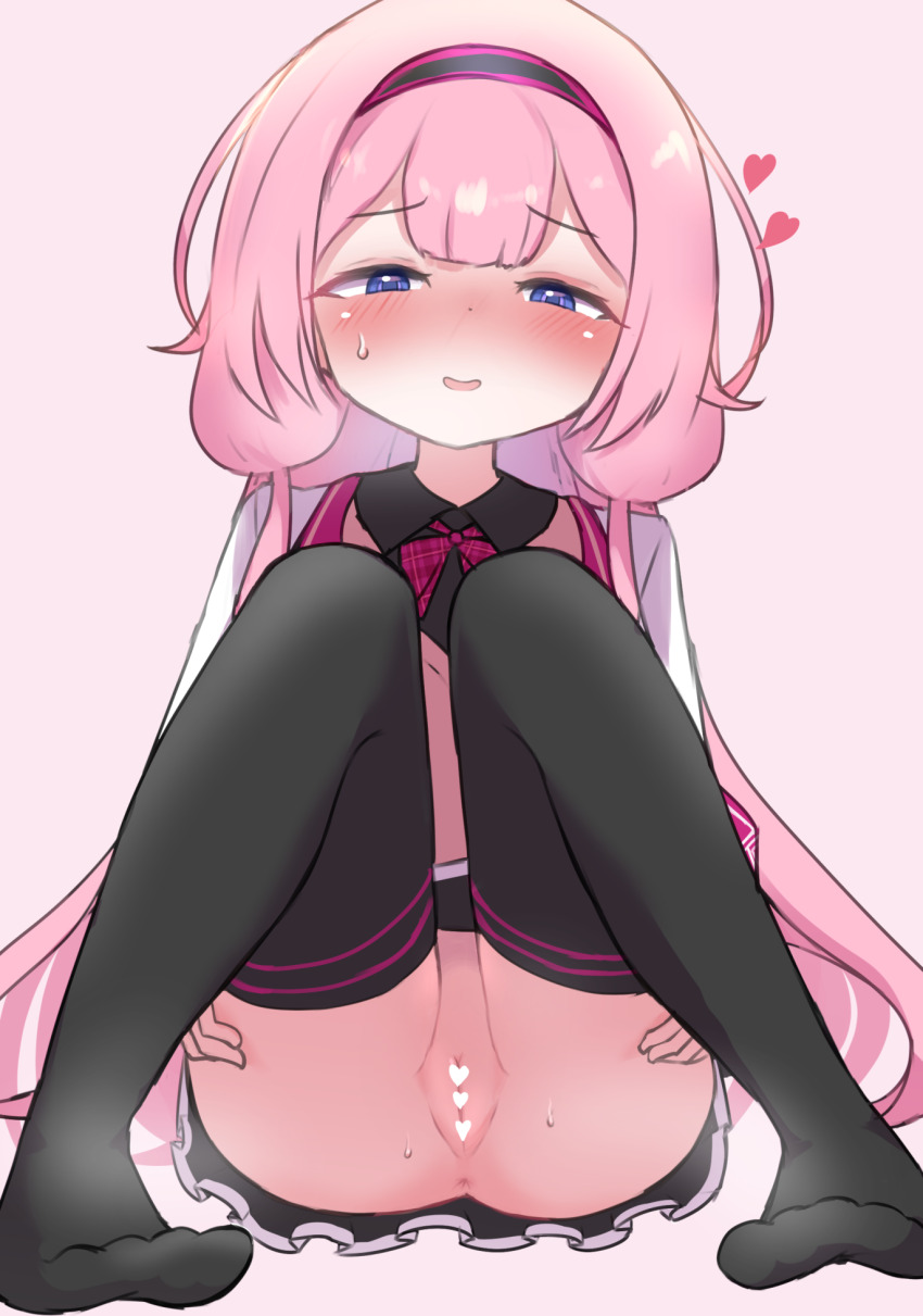 1girl anus black_thighhighs blue_eyes blush censored flat_chest full_body hairband hands_on_own_ass heart heart_censor highres jacket long_hair looking_at_viewer nervous_smile nijisanji open_mouth pink_hair purple_hairband pussy ryo_(ryo_nji_sanji) school_uniform simple_background sitting smile solo steaming_body suo_sango sweatdrop teeth thighhighs upper_teeth_only very_long_hair virtual_youtuber white_jacket