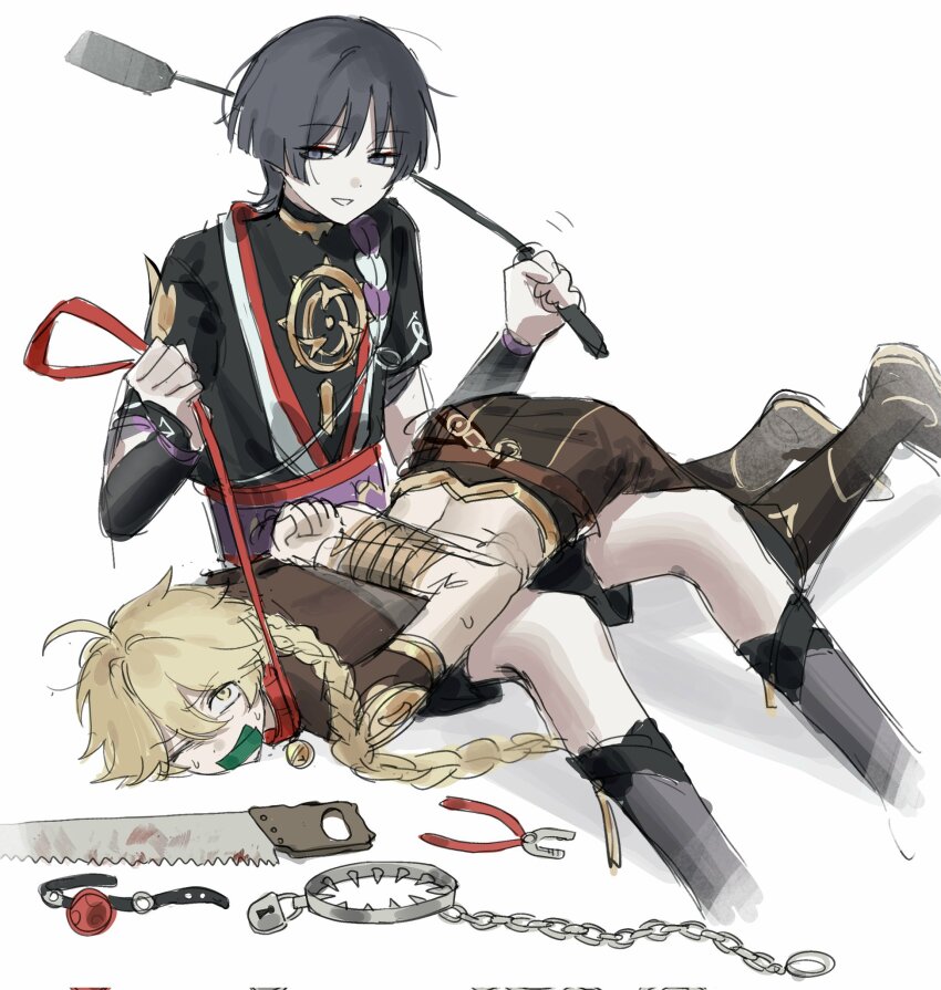 2boys aether_(genshin_impact) ahoge armor ball_gag bdsm belt black_boots black_pants black_shirt black_shorts blonde_hair blunt_ends boots braid brown_belt brown_pants brown_shirt chain collar covered_mouth duct_tape eyeshadow feet_out_of_frame gag genshin_impact gold_necklace grey_eyes grey_hair grey_socks hair_between_eyes hands_up highres holding holding_leash holding_whip japanese_armor jewelry kote kurokote leash long_hair looking_at_another lying lying_on_person makeup male_focus mandarin_collar mitsudomoe_(shape) multiple_boys necklace on_stomach one_eye_closed pants pliers red_belt red_collar red_eyeshadow saw scaramouche_(genshin_impact) shirt short_hair short_sleeves shorts shoulder_armor simple_background sitting smile socks spiked_collar spikes sweat sweatdrop teeth tlqkffhadktlqkf tomoe_(symbol) two-tone_pants white_background yaoi yellow_eyes