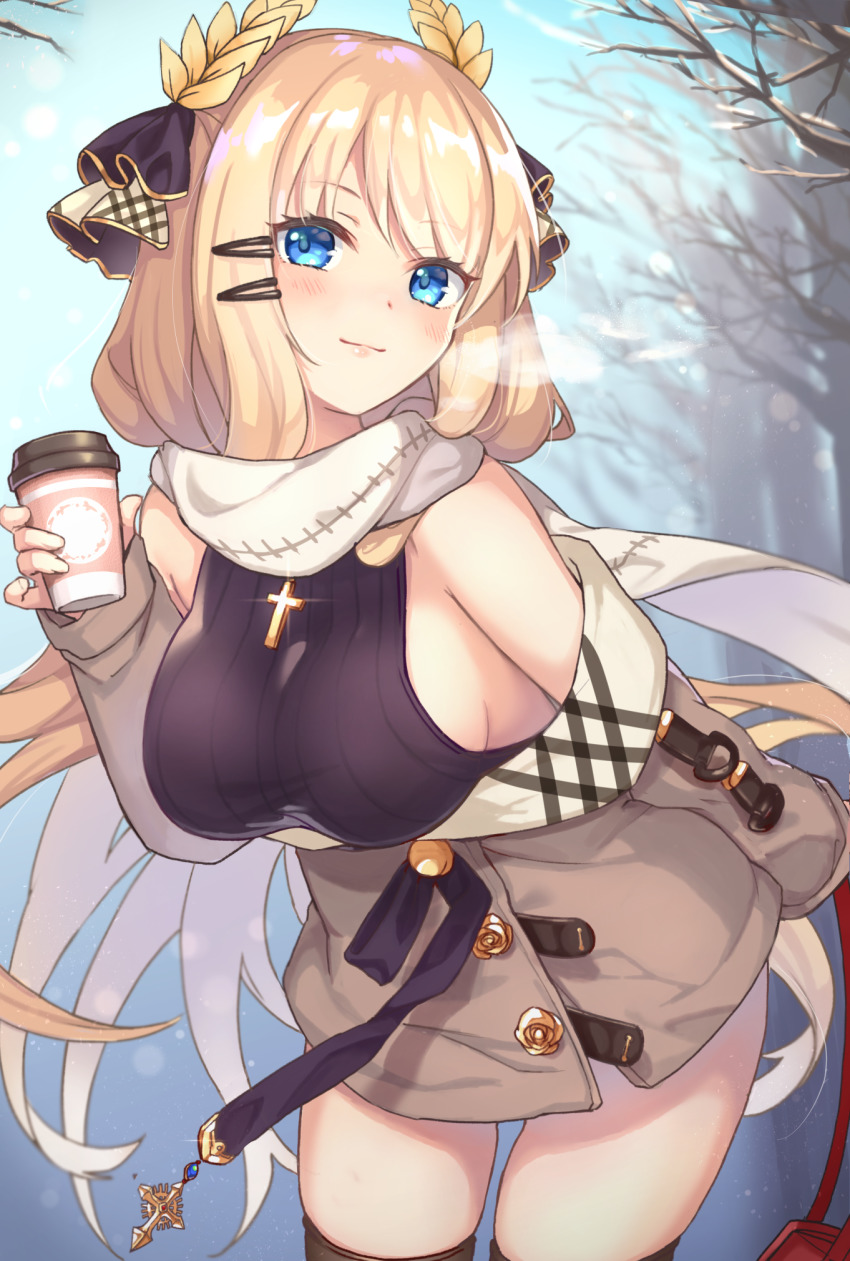 1girl alternate_costume azur_lane bag bare_shoulders black_sweater black_thighhighs blonde_hair blue_eyes blush breasts breath brown_coat casual closed_mouth coat coat_dress commentary_request cowboy_shot cross cross_necklace cup day disposable_coffee_cup disposable_cup dress female_focus hair_ornament hair_ribbon hairclip highres holding holding_bag jewelry kon_(k0n16) large_breasts laurel_crown leaning_forward lips long_hair looking_at_viewer necklace off_shoulder outdoors red_bag ribbed_sweater ribbon scarf snow solo standing sweater sweater_vest thighhighs tree very_long_hair victorious_(azur_lane) victorious_(the_goddess&#039;_day_off)_(azur_lane)