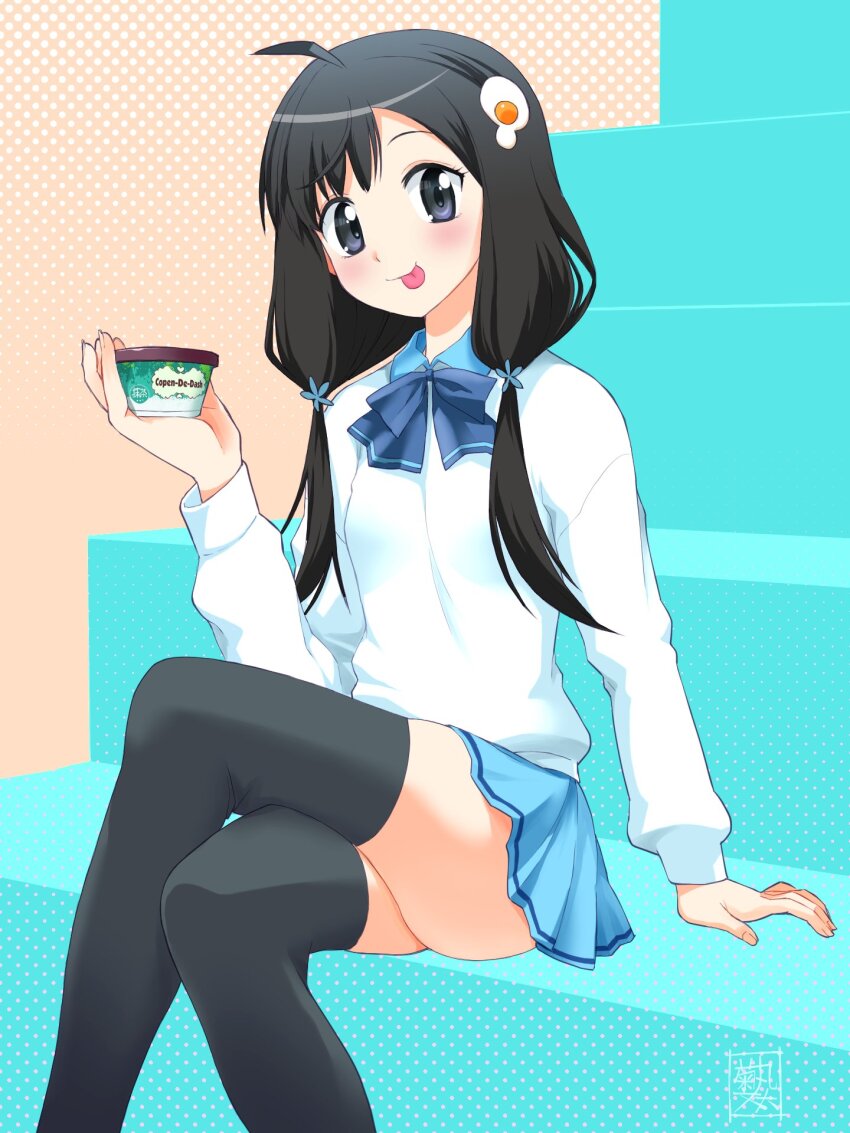 1girl :p ahoge araragi_tsukihi artist_name ass asymmetrical_bangs black_eyes black_hair blue_bow blue_bowtie blue_flower blue_skirt blue_trim blush bow bowtie breasts closed_mouth commentary crossed_legs dress_shirt egg_hair_ornament feet_out_of_frame flower food food-themed_hair_ornament food_packaging fried_egg haagen-dazs hair_flower hair_ornament hair_over_shoulder halftone halftone_background halftone highres holding holding_food holding_ice_cream ice_cream kikumaru_bunta licking_lips long_hair long_sleeves looking_at_viewer looking_to_the_side low_twintails monogatari_(series) pleated_skirt school_uniform shirt signature sitting sitting_on_stairs skirt small_breasts smile solo stairs tongue tongue_out tsuganoki_second_junior_high_school_uniform twintails white_shirt