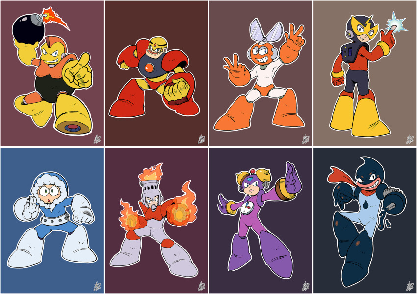 bomb bomb_man capcom coat cut_man elec_man electricity explosive fire fire_man full_body grin guts_man hand_up highres ice_man looking_at_viewer mask mega_man_(classic) mega_man_(series) no_humans non-humanoid_robot oil oil_man robot robot_ears rockman_(game) scarf scissors smile time_man v