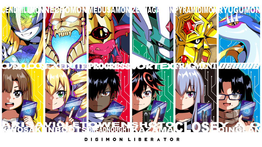 4girls 5boys black_dress black_eyes black_hair blonde_hair blue_fire blue_hair brown_eyes brown_hair brown_sweater card cendrillmon character_name close-up close_(digimon) collarbone copyright_name covered_eyes dark-skinned_male dark_skin digimon digimon_card_game digimon_liberator diti_(selecta) dragon dress everyone fire forehead_jewel ghost glasses green_eyes green_helmet grey_hair helmet helmet_over_eyes highres holding holding_card kazama_shoto kinosaki_arisa long_hair medusamon mole mole_under_eye multiple_boys multiple_girls necromon owen_dreadnought partially_shaded_face purple_eyes pyramidimon ryugumon short_hair smile sweater trading_card violet_inboots yao_qinglan zephagamon