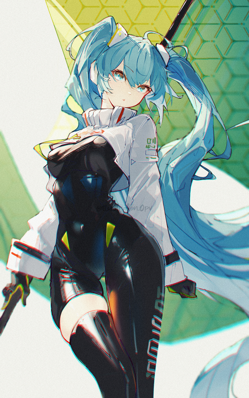 1girl absurdly_long_hair aqua_eyes aqua_hair asymmetrical_bodysuit black_bodysuit bodysuit boots breasts covered_navel cropped_jacket flag flagpole gloves goodsmile_company goodsmile_racing green_flag hatsune_miku head_tilt highres holding holding_flag holding_pole jacket long_hair long_sleeves looking_at_viewer medium_breasts openvl pole race_queen racing_miku racing_miku_(2022) shiny_clothes single_leg_bodysuit single_thigh_boot single_thighhigh solo taut_bodysuit text_print thigh_boots thigh_gap thighhighs twintails two-tone_gloves very_long_hair vocaloid white_jacket wide_hips