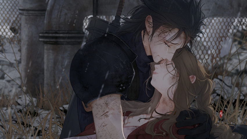 1boy 1girl absurdres aerith_gainsborough armor black_hair black_sweater blurry blurry_background braid braided_ponytail brown_hair buster_sword choker closed_eyes closed_mouth commentary dirty dirty_clothes dirty_face english_commentary final_fantasy final_fantasy_vii final_fantasy_vii_rebirth final_fantasy_vii_remake highres jacket mianmian741 outdoors parted_bangs ponytail rain red_jacket shoulder_armor sleeveless sleeveless_turtleneck spiked_hair sweater sword sword_on_back tears turtleneck turtleneck_sweater unconscious upper_body weapon weapon_on_back zack_fair