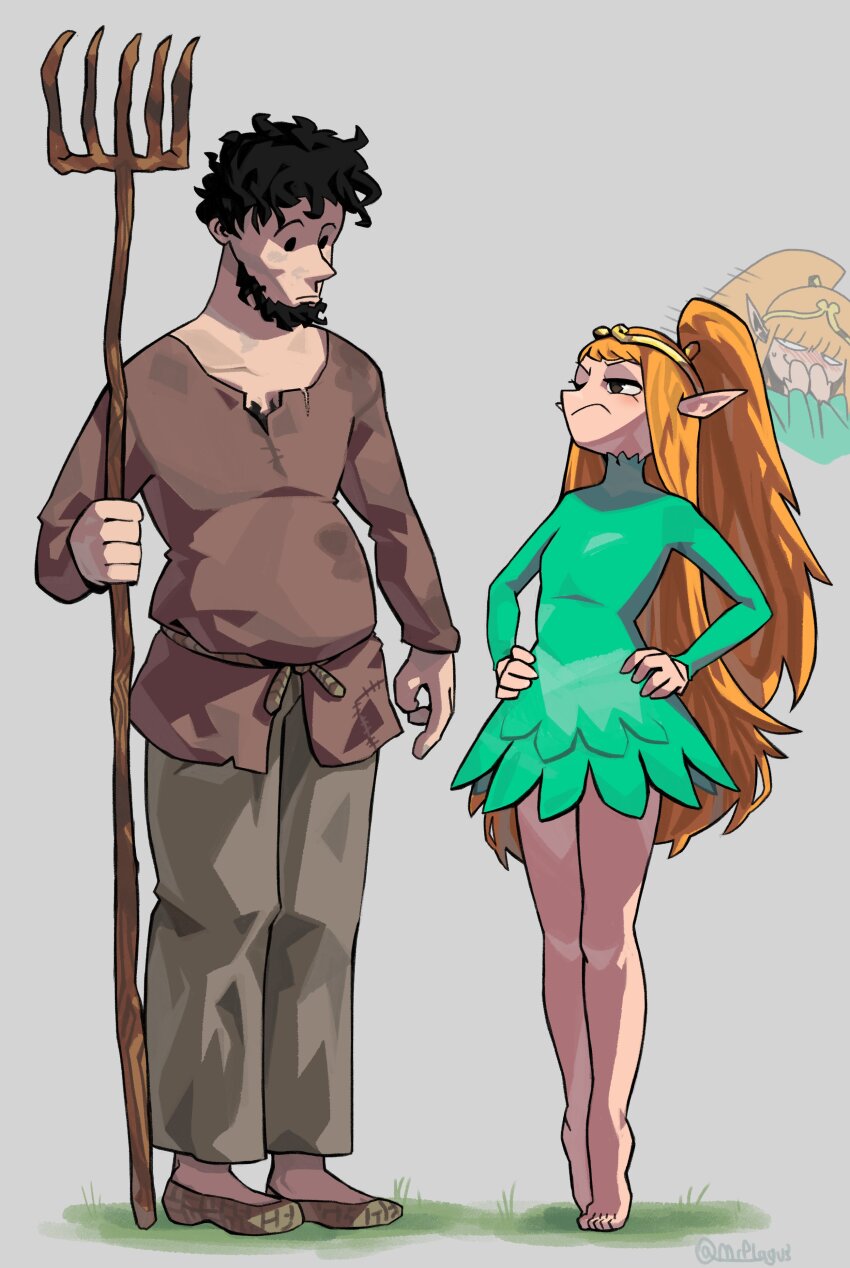 1boy 1girl absurdres artist_name bare_legs barefoot beard black_hair chest_hair circlet closed_mouth dress elf elf_(merrivius) elf_comic facial_hair feet full_body green_dress grey_background hands_on_own_hips highres holding holding_pitchfork human_(merrivius) long_hair long_sleeves looking_at_another mr_plagu3 pitchfork pointy_ears ponytail shoes simple_background standing tiptoes twitter_username very_long_hair