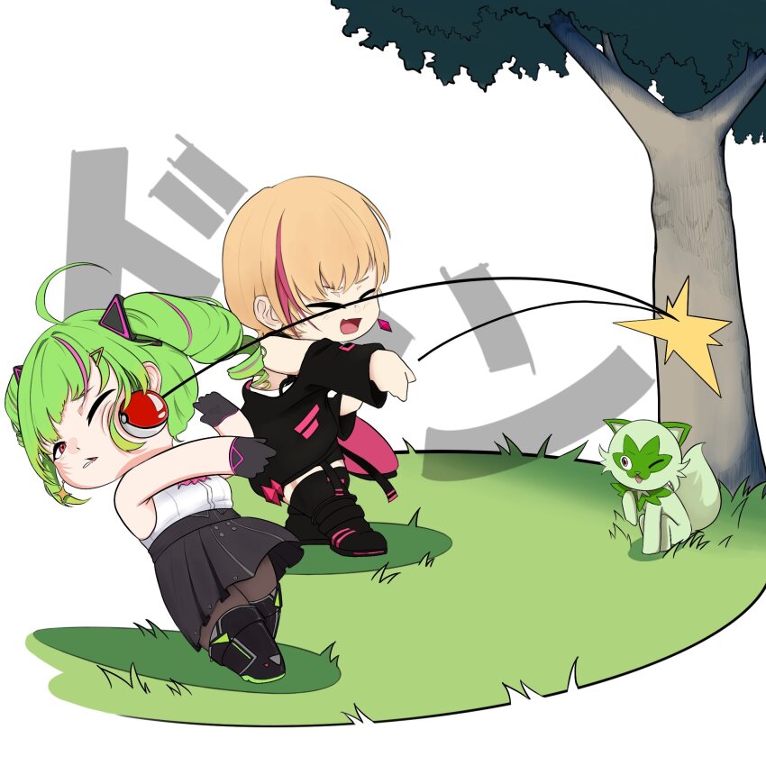 boots delutaya gloves green_hair hair_ornament highres indie_virtual_youtuber kiruno_ruki multicolored_hair multiple_girls namman nintendo poke_ball pokemon red_eyes throwing throwing_poke_ball triangle_hair_ornament virtual_youtuber