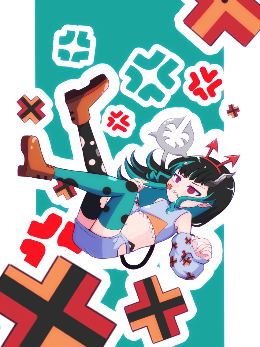 1girl alternate_costume anger_vein black_hair black_thighhighs blue_hair blue_thighhighs blush boots brown_boots clenched_teeth commentary_request crop_top demon_girl demon_horns demon_tail detached_sleeves fake_horns falling flat_chest full_body grey_shirt grey_shorts grey_sleeves highres horns long_hair mismatched_thighhighs multicolored_hair nanashi_inc. navel pointy_ears red_eyes rokusuke_nonaka sharp_teeth shirt shishio_chris shorts sleeveless sleeveless_shirt solo tail teeth thighhighs two-tone_hair virtual_youtuber