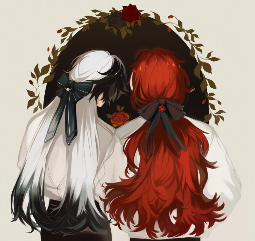 2boys absurdres androgynous argenti_(honkai:_star_rail) black_hair black_pants black_ribbon boothill_(honkai:_star_rail) bow cowboy_shot dress_shirt flower from_behind hair_bow hair_ribbon highres honkai:_star_rail honkai_(series) leaf long_sleeves male_focus multicolored_hair multiple_boys pants plant red_flower red_hair red_rose ribbon rose shirt shirt_tucked_in side-by-side standing white_hair white_shirt yamamorim0