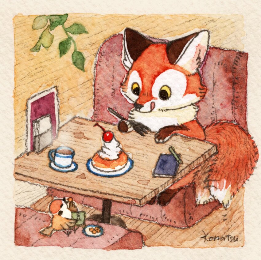 animal animal_focus bird cherry commentary_request cup finch food fork fox fruit holding holding_fork indoors konatsu_tunacan leaf licking_lips mug no_humans orange_fur original painting_(medium) pancake plate rearing sitting table tongue tongue_out traditional_media watercolor_(medium) whipped_cream yellow_eyes