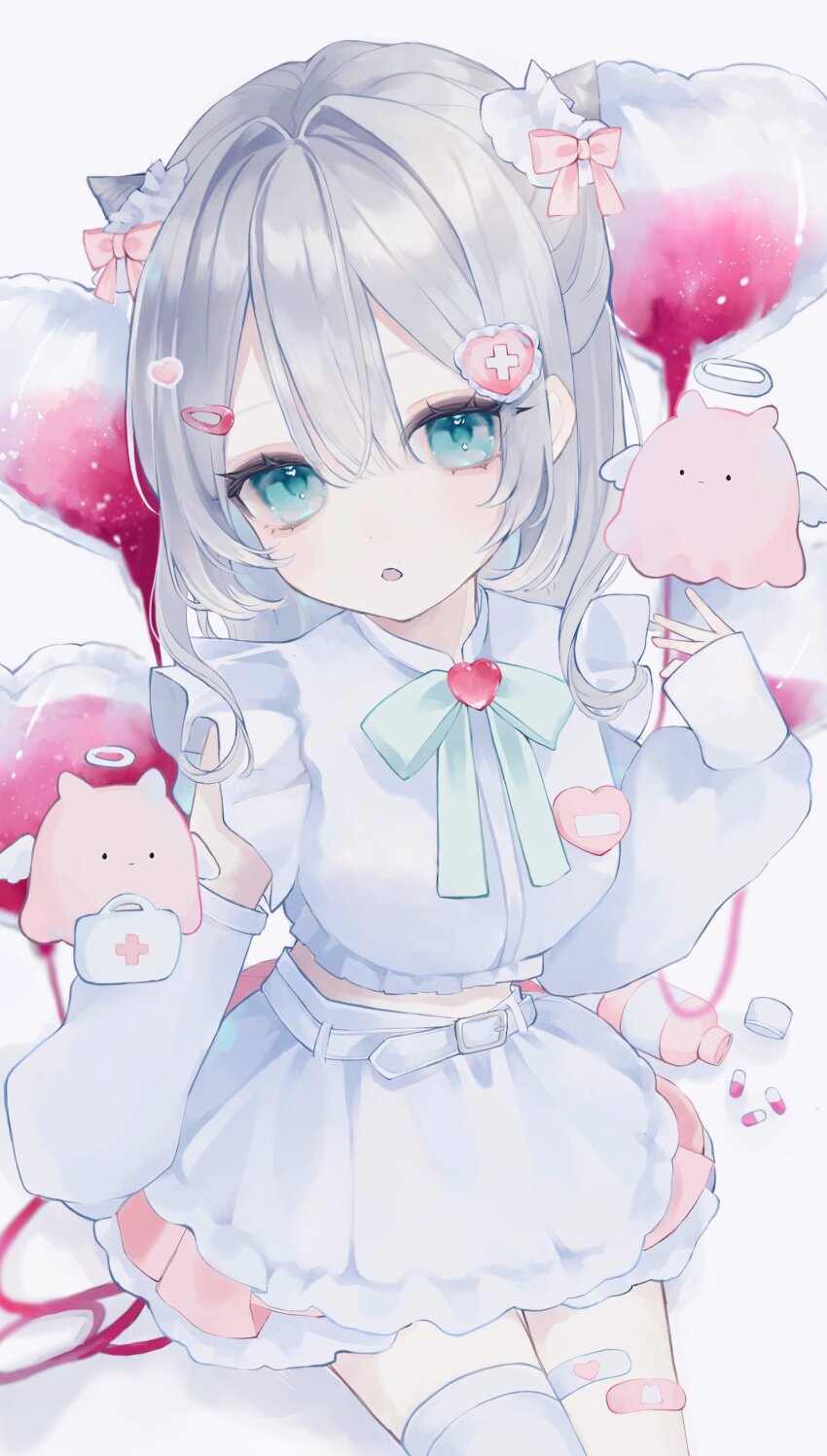 1girl absurdres ao_marumaru0720 aqua_eyes balloon bandaid bare_arms belt blood blood_bag choker creature cylinder first_aid_kit fur_trim hair_between_eyes hair_ribbon heart heart_balloon heart_choker highres long_sleeves medicine neck_ribbon open_mouth original pink_ribbon puffy_sleeves ribbon shirt solo thighhighs white_belt white_shirt
