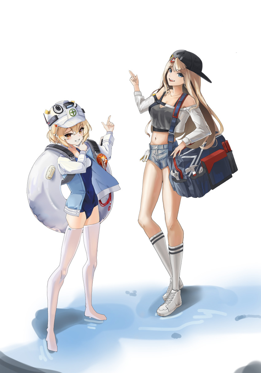 2girls :d absurdres backwards_hat bag baseball_cap black_sports_bra blonde_hair blue_one-piece_swimsuit blue_shorts breasts centi_(nikke) centi_(supreme_holiday)_(nikke) cleavage denim denim_shorts duffel_bag finger_gun full_body goddess_of_victory:_nikke green_eyes grin hard_hat hat helmet highres innertube jacket light_blue_jacket liter_(guardfish)_(nikke) liter_(nikke) long_hair medium_breasts multiple_girls one-piece_swimsuit open_mouth school_swimsuit see-through_clothes see-through_shirt shirt shoes shorts shouyou_(egcr8334) smile sneakers socks sports_bra standing swim_ring swimsuit thighhighs white_shirt white_sleeves white_socks white_thighhighs
