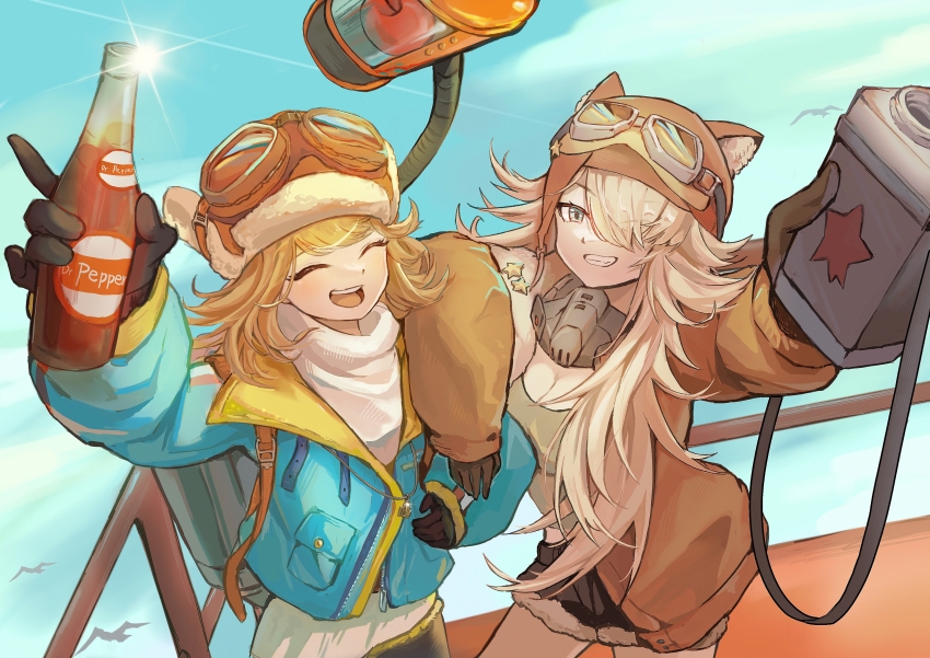 2girls ^_^ absurdres animal_ear_headwear apple apple_(reverse:1999) arm_on_another&#039;s_shoulder arm_up black_gloves black_jacket blonde_hair blue_eyes blue_sky bottle breasts brown_gloves brown_hair brown_hat brown_jacket brown_shorts canteen cleavage closed_eyes cloud cowboy_shot dr_pepper fake_animal_ears food fruit glint gloves goggles goggles_on_headwear grin hair_over_one_eye hand_up hat highres holding holding_bottle holding_canteen jacket lilya_(reverse:1999) long_hair mask mask_around_neck multiple_girls official_alternate_costume open_mouth oxygen_mask pingfan_de_mao railing regulus_(reverse:1999) reverse:1999 short_hair shorts simple_bird sky smile soda_bottle sweater teeth upper_teeth_only white_sweater