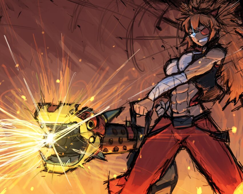 1girl abs bandaged_arm bandages belt_pouch black_jacket blue_eyes brown_background chest_sarashi colored_eyepatch commentary commission cropped_jacket enduranceex english_commentary eyepatch fake_horns firing gatling_gun glowing glowing_eye grin gun high_ponytail highres holding holding_gun holding_weapon horns huo-long_heater jacket long_hair looking_ahead minigun muscular muscular_female open_mouth orange_hair original pants ponytail pouch red_pants sarashi sleeveless sleeveless_jacket smile solo team_fortress_2 teeth weapon zess_(zestyjesus)
