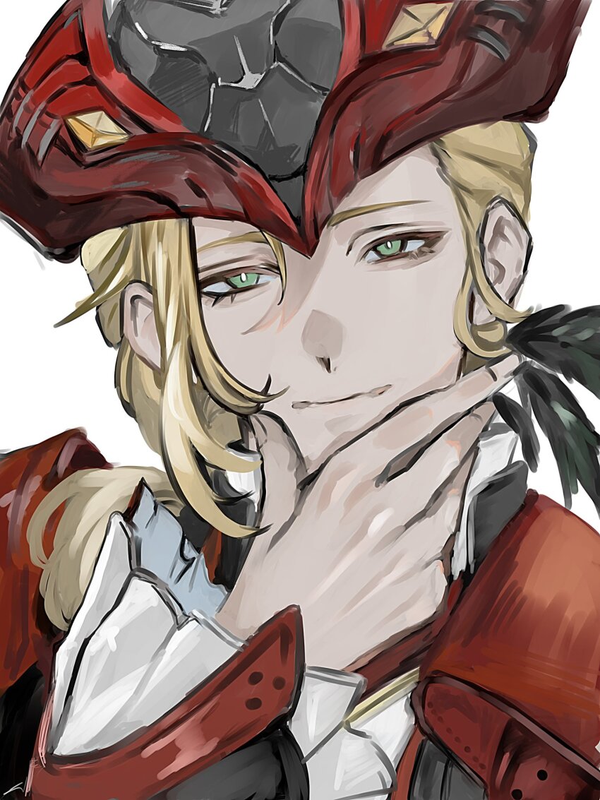 1boy belt blonde_hair bright_pupils chest_belt closed_mouth coat collared_shirt cristoforo_(wuthering_waves) feather_hair_ornament feathers fingernails frilled_sleeves frills green_eyes hair_ornament hair_over_shoulder hand_on_own_chin hat high_collar highres layered_sleeves light_smile long_hair long_sleeves looking_at_viewer low_ponytail male_focus mnm_g_f open_clothes open_coat pirate_hat ponytail red_belt red_coat red_hat shirt simple_background solo thick_eyebrows upper_body white_background white_pupils white_shirt wuthering_waves