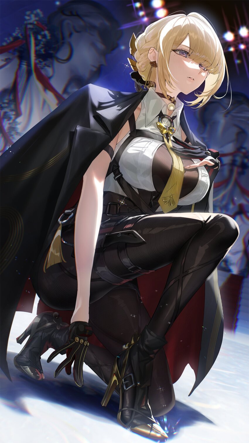 1girl absurdres bare_shoulders black_gloves black_jacket black_pants blonde_hair breasts chest_harness choker collared_shirt earrings evelyn_chevalier galibo gloves hair_ornament harness high-waist_pants high_heels highres jacket jacket_on_shoulders jewelry kneeling large_breasts medium_hair necktie pants purple_eyes shirt sleeveless sleeveless_shirt solo tight_clothes tight_pants white_shirt zenless_zone_zero