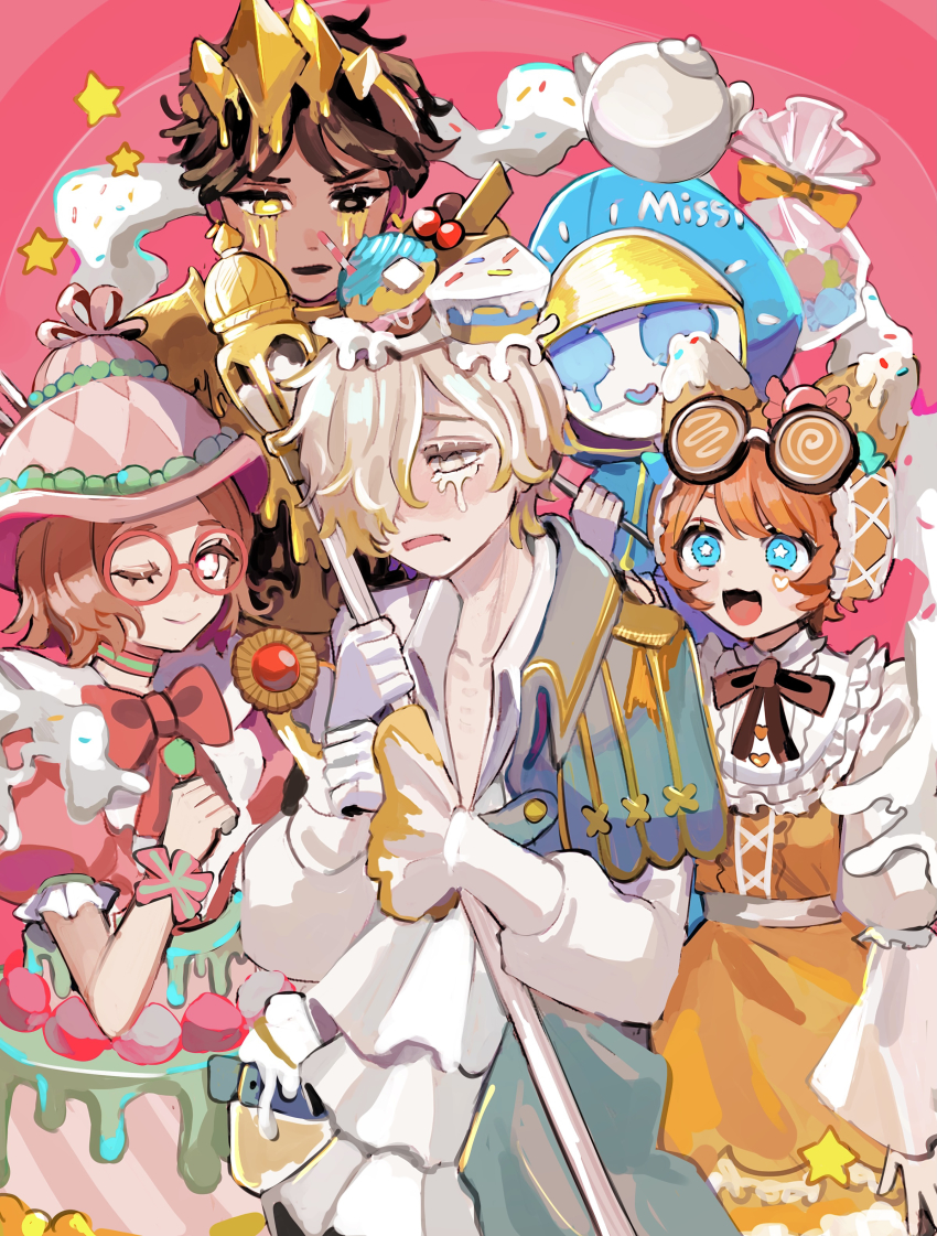2girls 3boys absurdres alternate_eye_color andrew_kreiss andrew_kreiss_(cheese) bag black_eyes blonde_hair blue_eyes bow bright_pupils brown_hair candy candy_wrapper capelet cheese_(identity_v) choker collarbone cupcake dark-skinned_male dark_skin dress food frills ganji_gupta ganji_gupta_(lava_cake) glasses gloves goggles goggles_on_head hair_ornament hair_over_one_eye hat helena_adams helena_adams_(pink_cake) heterochromia highres hoge_(n8sss) holding hood identity_v lava_cake_(identity_v) long_sleeves messy_hair multiple_boys multiple_girls official_alternate_costume one_eye_closed open_mouth oversized_object pink_background pink_cake_(identity_v) pink_dress pink_eyes puffy_short_sleeves puffy_sleeves raincoat robbie_(identity_v) robbie_(wail)_(identity_v) round_eyewear shirt short_hair short_sleeves simple_background smile star-shaped_pupils star_(symbol) symbol-shaped_pupils teapot tracy_reznik tracy_reznik_(candy_girl) wail_(identity_v) white_gloves yellow_eyes