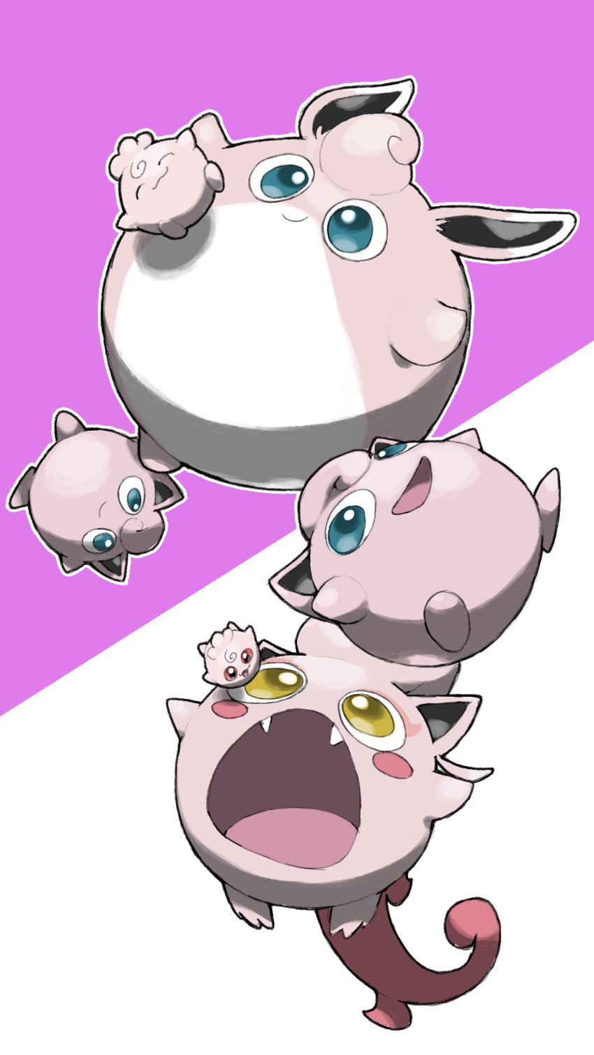 :3 :d :o blacknirrow blue_eyes blush blush_stickers closed_eyes closed_mouth creatures_(company) evolutionary_line fangs floating game_freak gen_1_pokemon gen_2_pokemon highres igglybuff jigglypuff nintendo no_humans open_mouth outline pokemon pokemon_(creature) pokemon_focus red_eyes scream_tail simple_background smile two-tone_background white_outline wigglytuff yellow_eyes