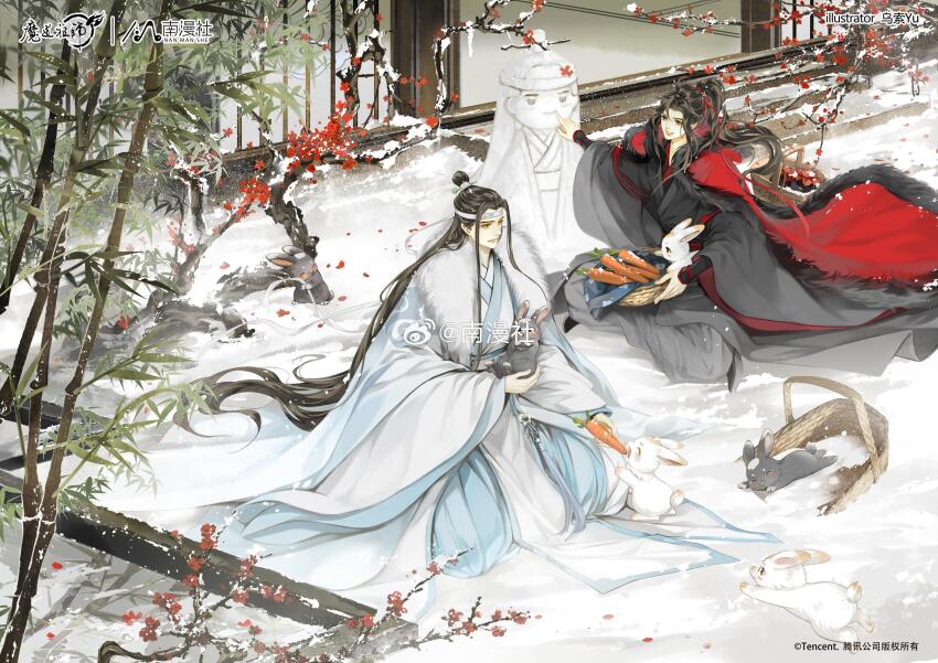 2boys animal bamboo basket black_hair black_hanfu branch cape carrot chinese_clothes chinese_commentary chinese_text closed_mouth copyright_name day flower fur-trimmed_cape fur_trim hair_bun hair_ornament hair_ribbon hanfu headband highres holding holding_animal holding_basket holding_carrot lan_wangji leaf long_hair long_sleeves looking_at_another male_focus modao_zushi multiple_boys official_art open_mouth outdoors petals ponytail rabbit red_cape red_ribbon ribbon robe seiza sitting smile snow snow_rabbit snowing snowman tree very_long_hair watermark wei_wuxian weibo_watermark white_hanfu white_headband wide_sleeves winter wusuoyu566 xiao_guan_(headdress) yaoi