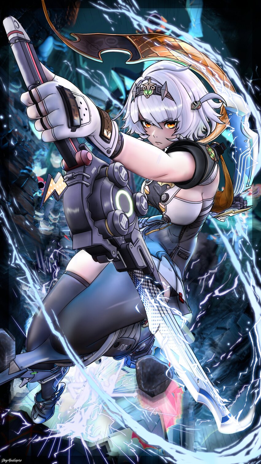 1girl absurdres anby_demara anby_demara_(silver_soldier) armored_boots battle boots braid dual_wielding fighting_stance highres holding holding_sword holding_weapon skirt skymedicpro sword weapon white_hair zenless_zone_zero